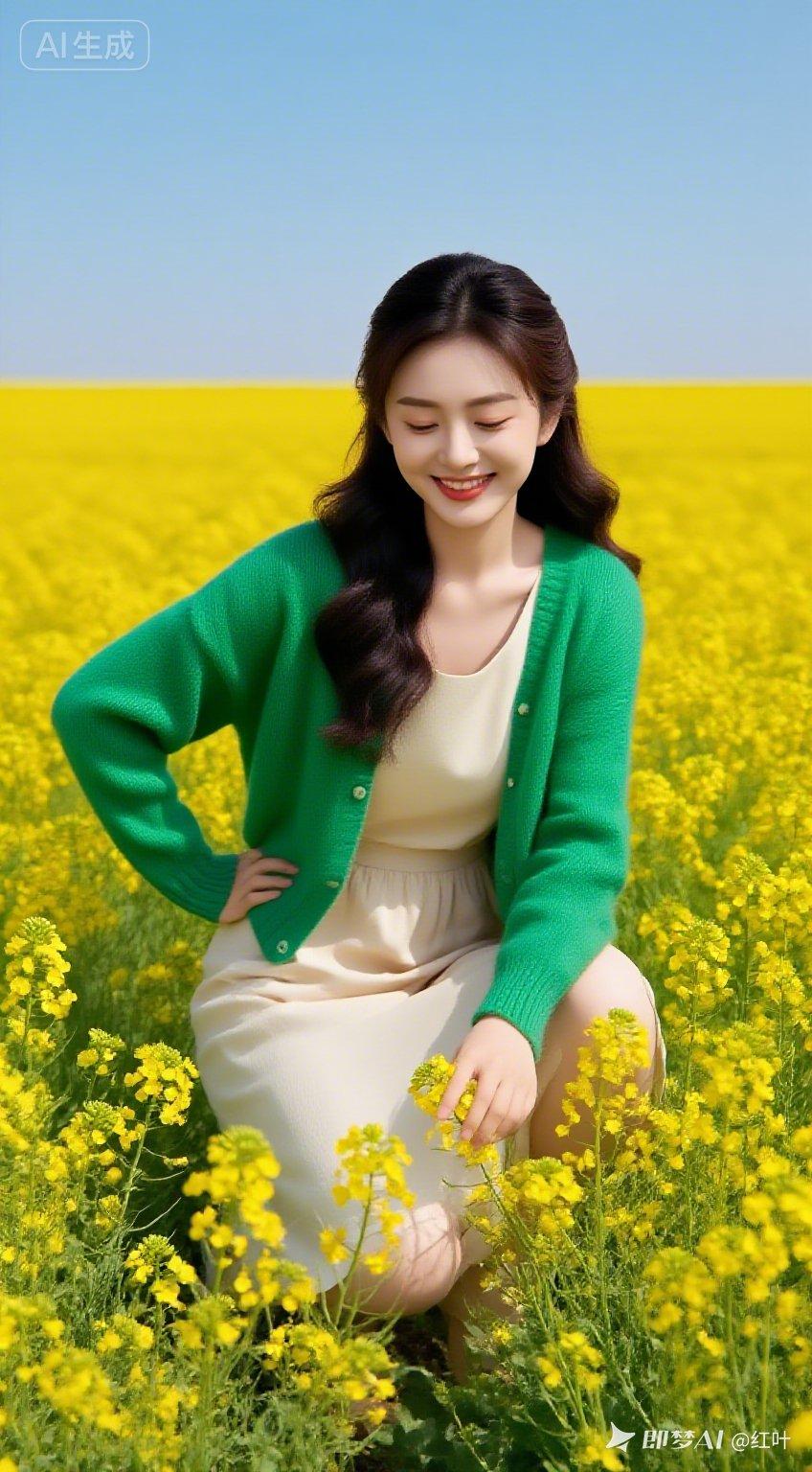 她坐在花田里，笑得真甜。