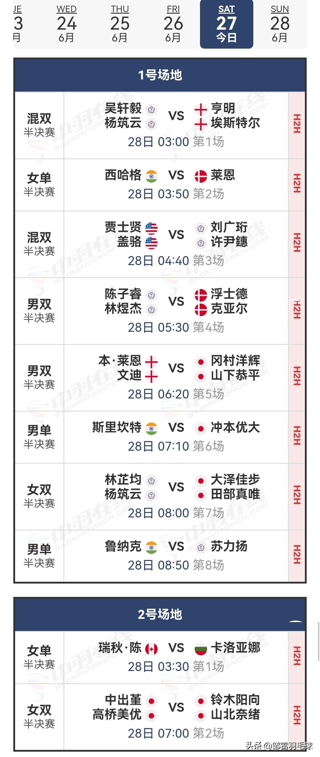 6月27日美国羽毛球公开赛半决赛对阵安排

因时差半决赛明天凌晨03：00开始，