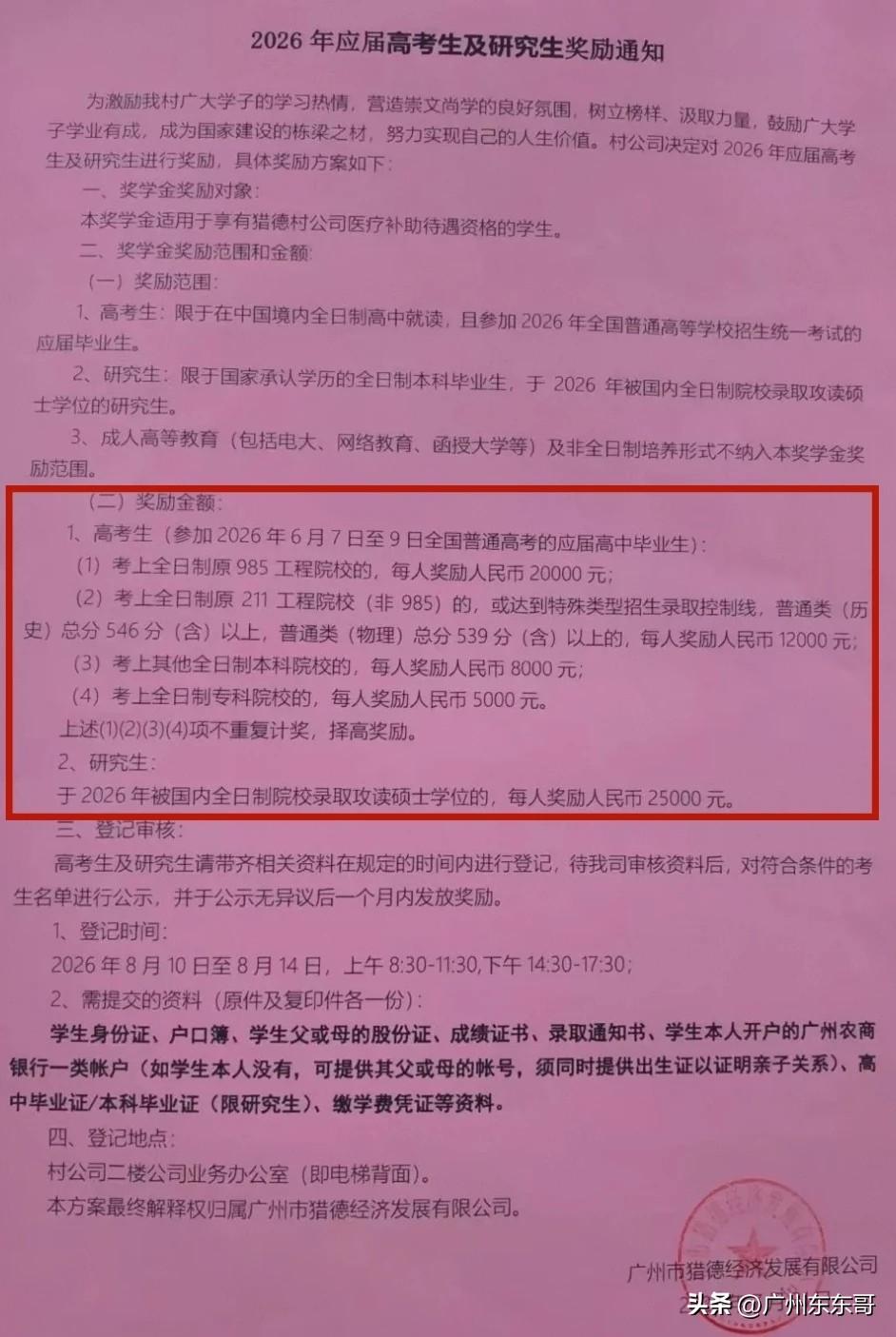高分有奖，看看天河猎德村2026年中高考奖励有多豪？
只要专科就有奖，而且录取学