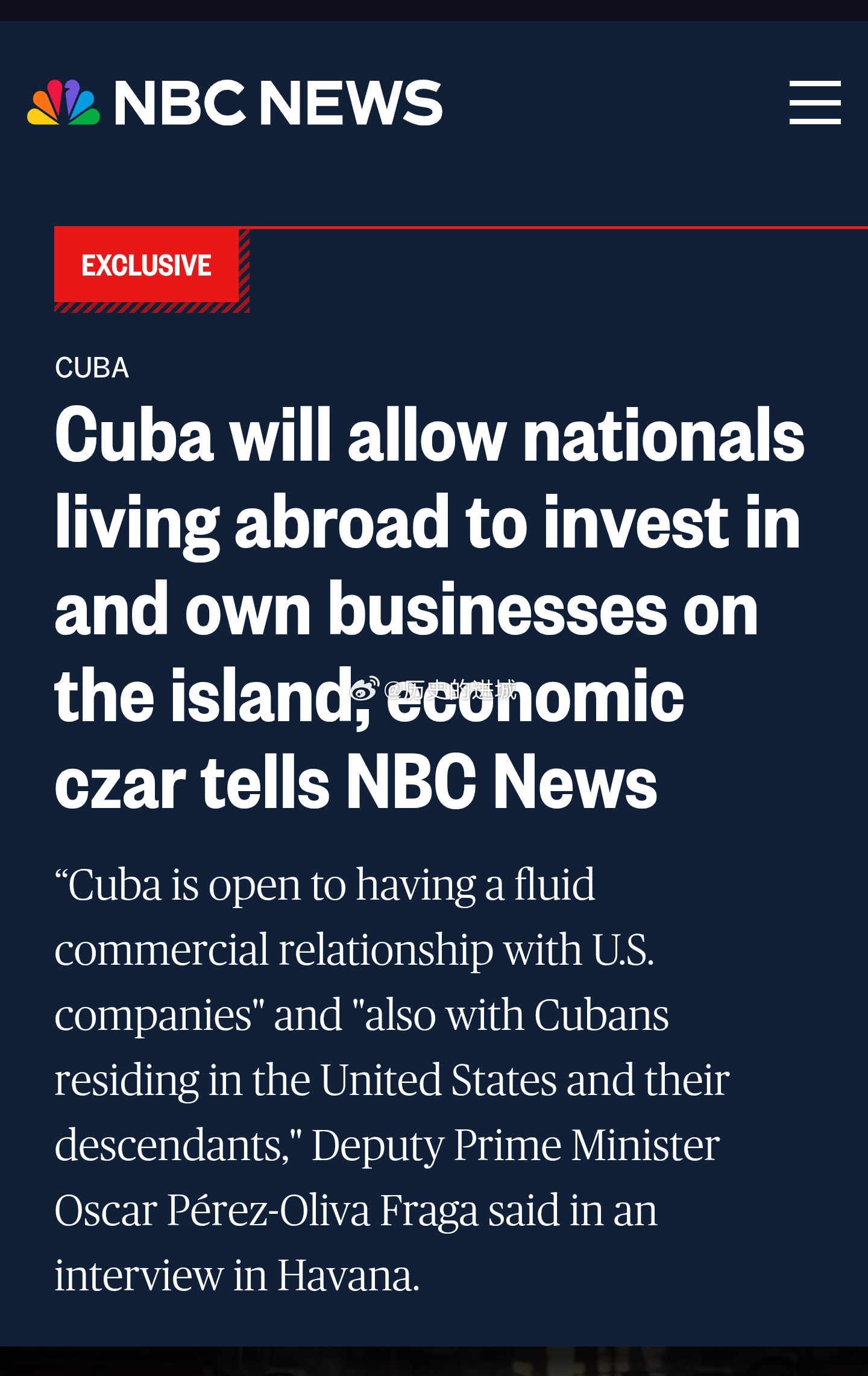 古巴副总理奥斯卡·佩雷斯-奥利瓦·弗拉加向NBC新闻透露，古巴官员原计划于周一晚
