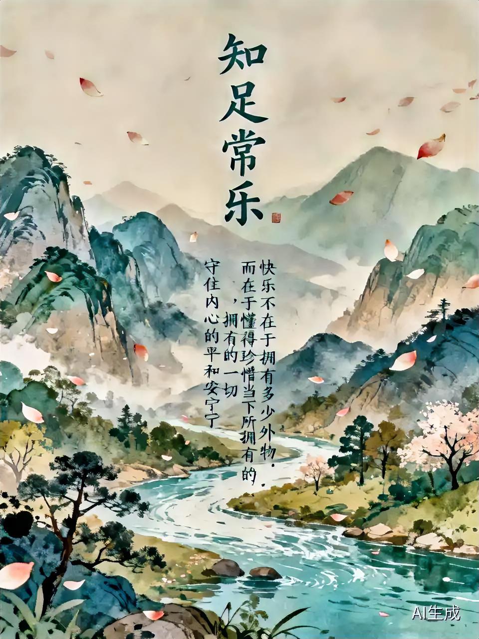 知足常乐，是一种通透的生活
智慧，快乐不在于拥有多少外
物，而在于懂得珍惜当下所