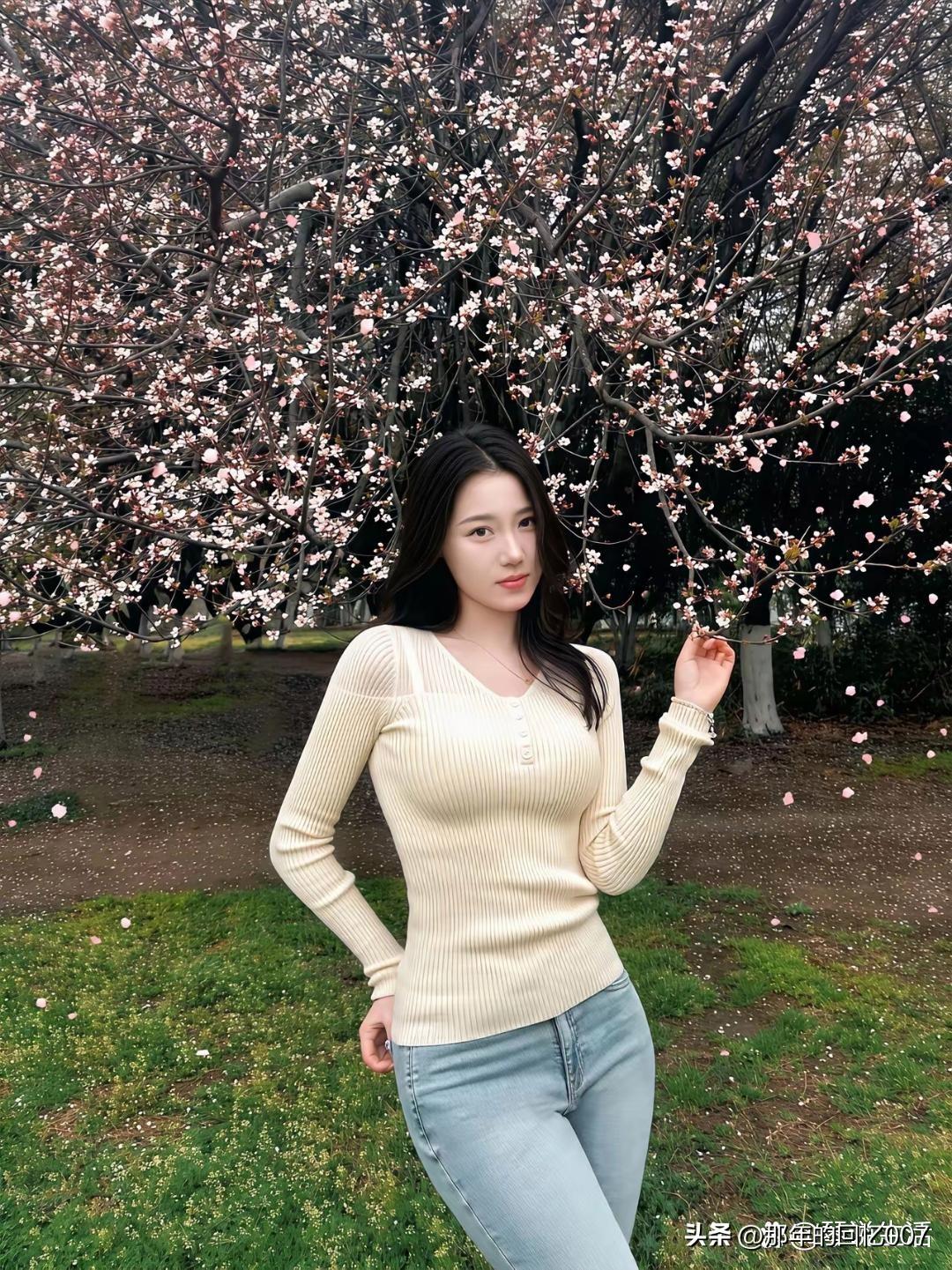 樱花树下的温柔少女，简直是春日最美的风景。风一吹，花瓣像雪花般飘落，轻轻落在少女