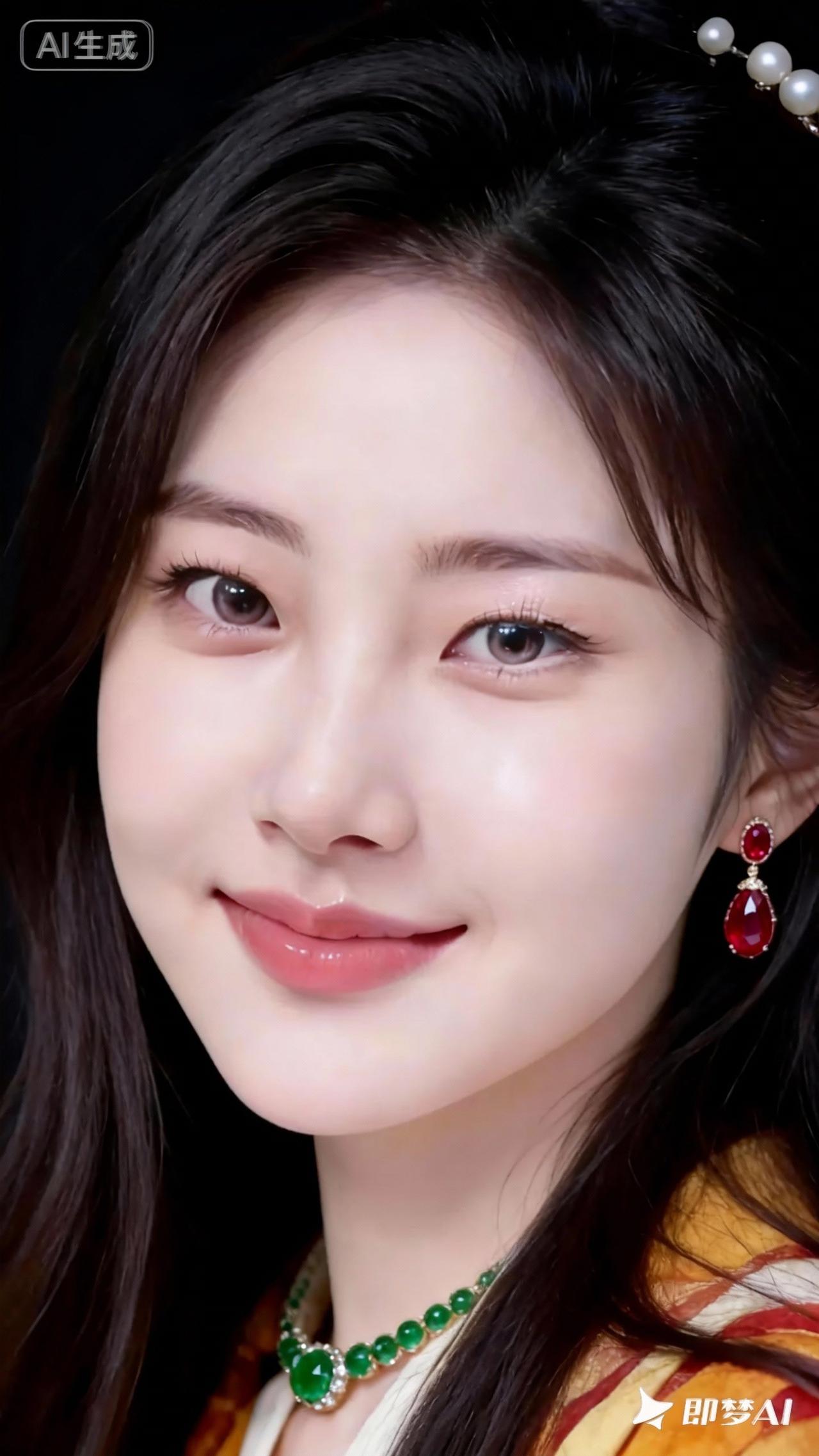 温柔甜美的少女，红宝石耳环与绿宝石项链相得益彰，尽显优雅气质。