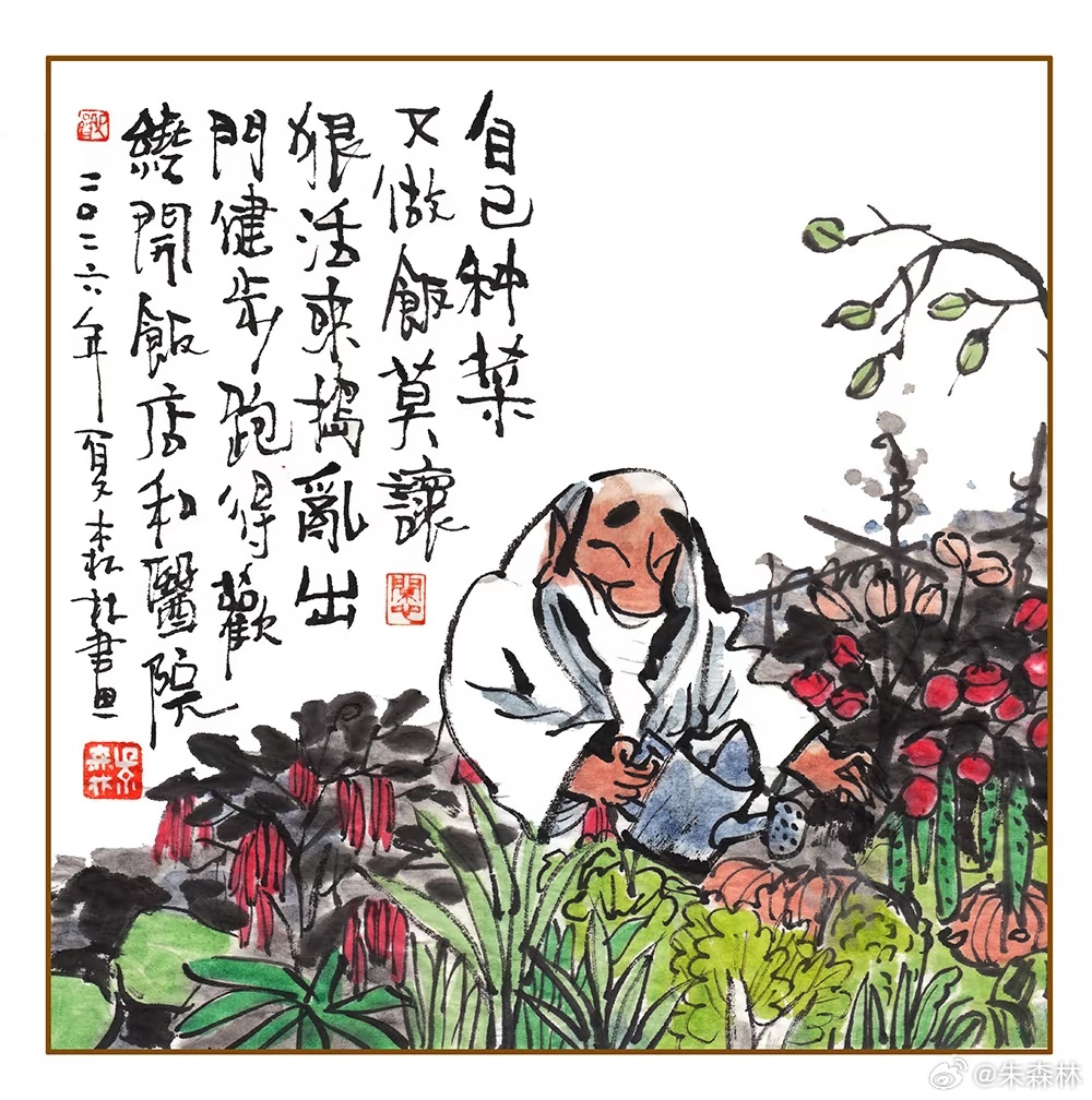 老头有块小菜地，浇水施肥好仔细，吃着特供是刚需，也为自己出份力，每日忙得汗水滴，