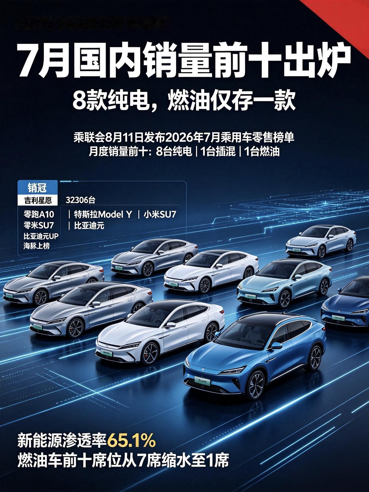 乘联会刚放出来的7月零售销量榜，我看完直接愣了，前十里8台纯电、1台插混，最后剩