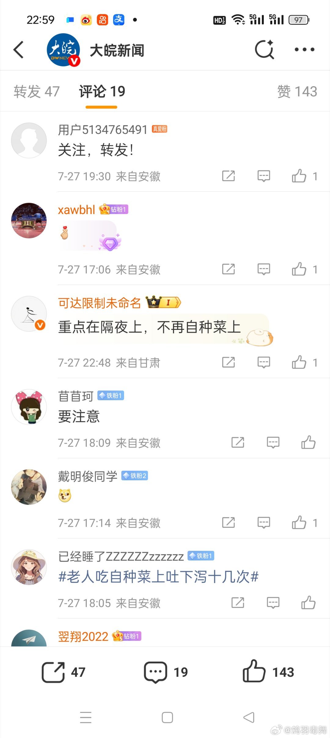 老人吃自种菜上吐下泻十几次第一眼以为是自种菜有什么讲究，这么吓人，再看了一下评论