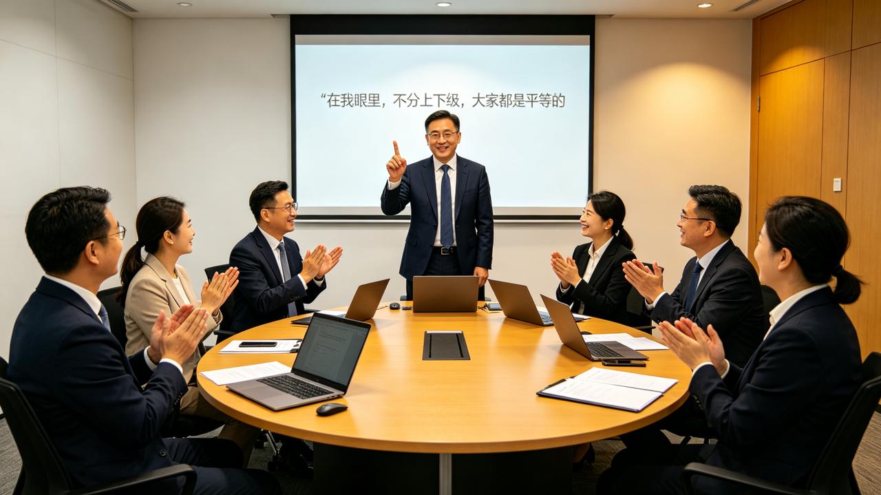 新来的总监开会时说：“在我眼里，不分上下级，大家都是平等的。”
大家鼓掌。
接着