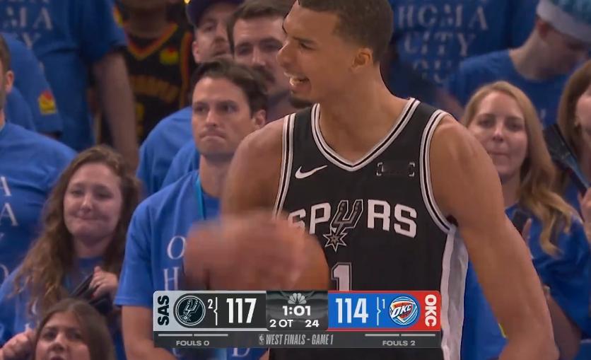 文班亚马隔扣切特 2+1 牛逼 文班亚马再扣篮 领先6分 马刺vs雷霆nba季后