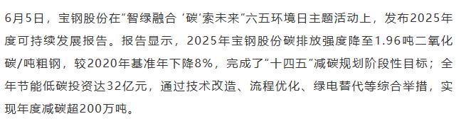 【融配达*早安资讯】2025年宝钢股份实现年度减碳超200万吨！