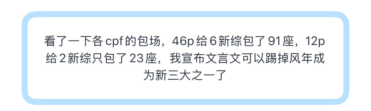 投看了一下各cpf的包场，46p给6新综包了91座，12p给2新综只包了23座 