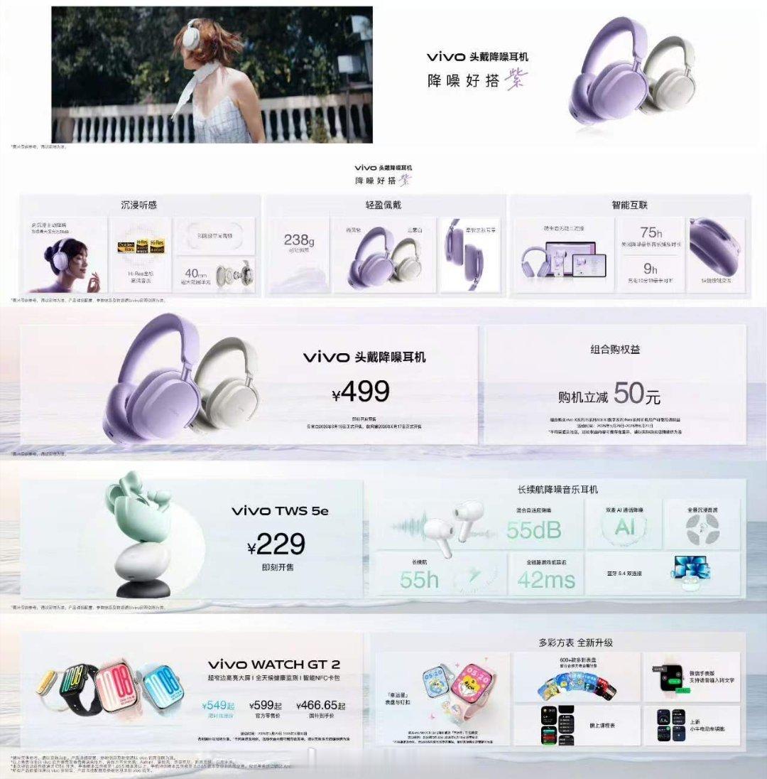 vivo头戴降噪耳机｜定价499元。至高58dB主动降噪，238g轻量机身，75