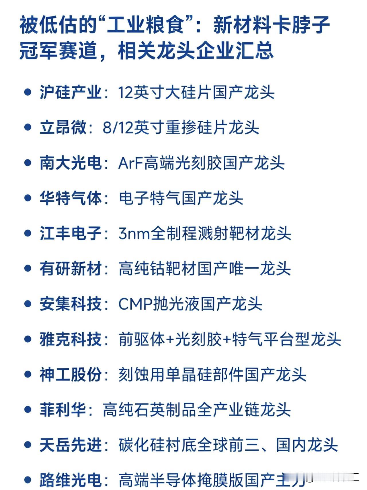 被低估的“工业粮食”：新材料卡脖子
冠军赛道，相关龙头企业汇总

半导体材料
