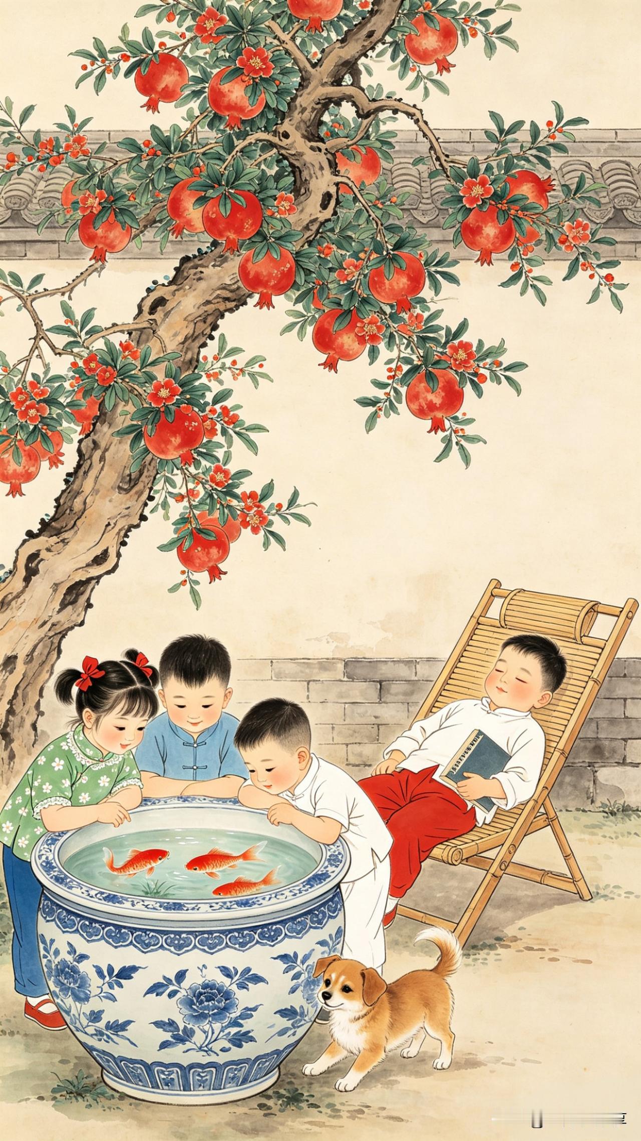 鹧鸪天·榴下童戏

庭树榴红映日鲜，瓷缸鱼戏水波圆。
青衣稚子同观乐，白褂儿郎独
