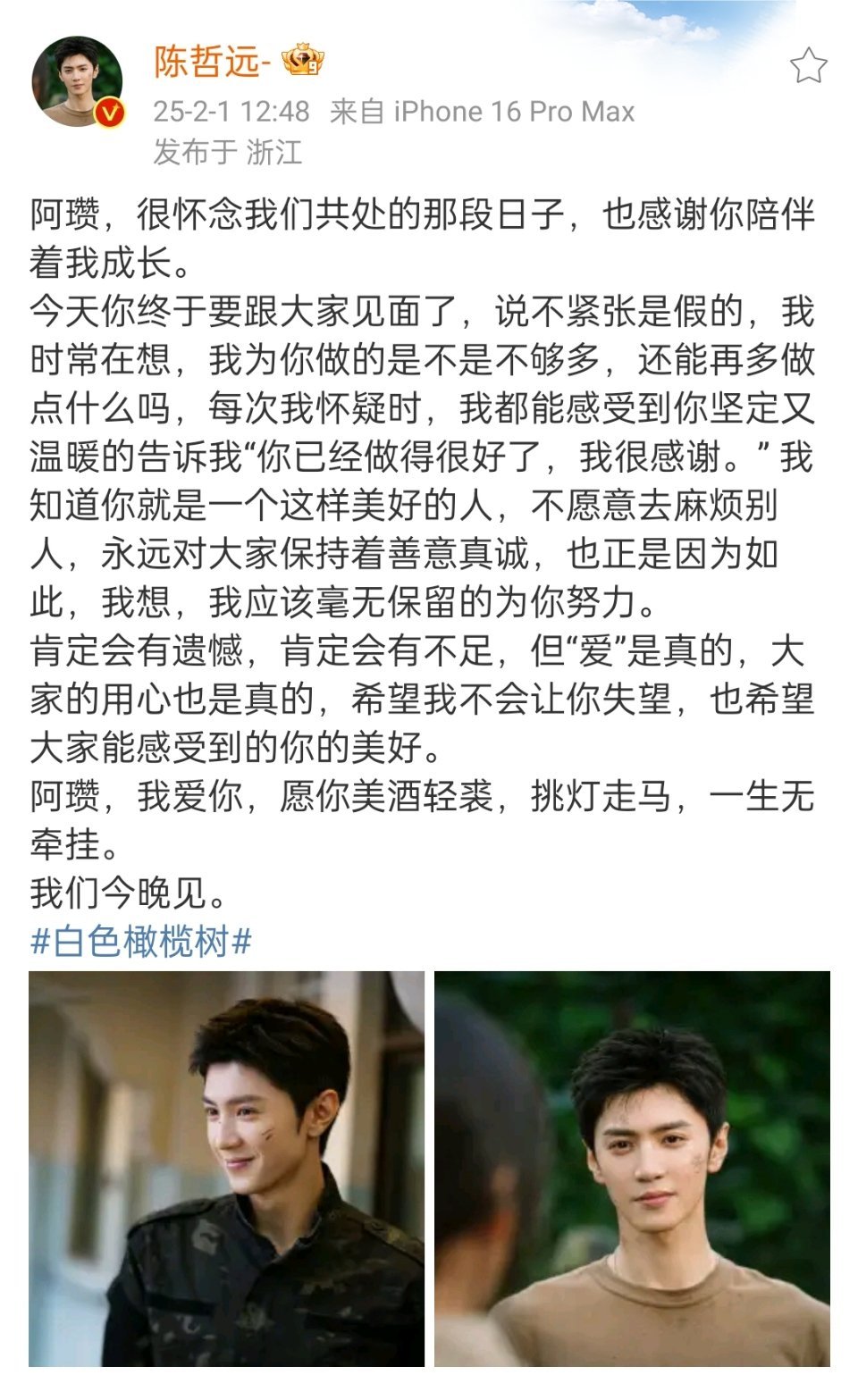陈哲远换了头像和置顶，要和白色橄榄树见面咯 