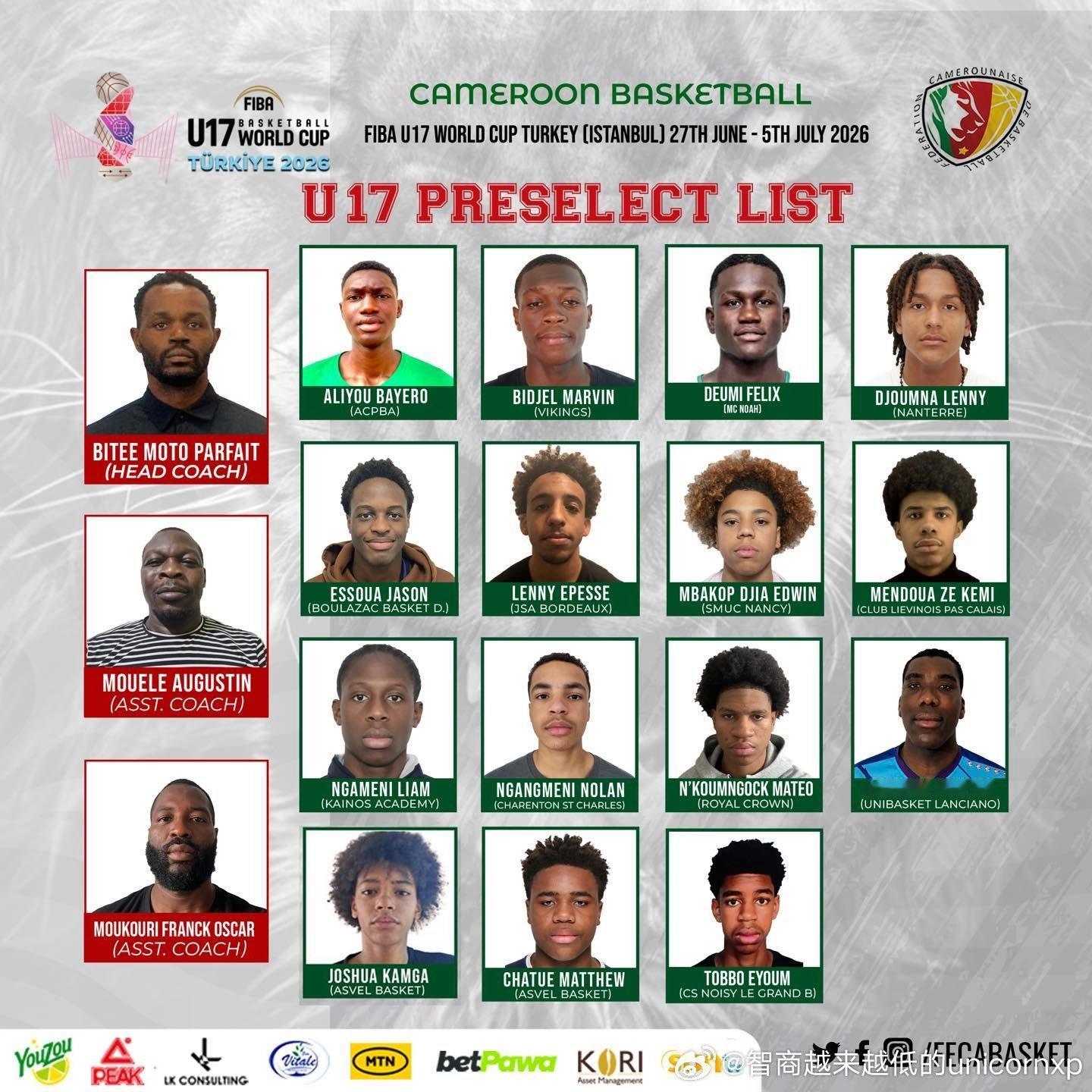 喀麦隆U17国青预选名单，半数以上球员都来自法甲青训体系NCAA
