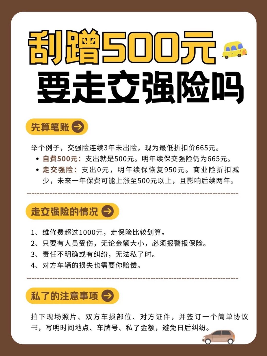 开车刮蹭500元，要不要走交强险？开车小刮蹭谁都难免，但如果只赔500元，用车险
