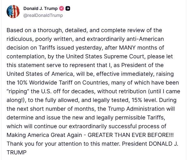 特朗普又发帖了。2月21日他在社交媒体上说，前一天刚宣布的全球进口关税，税率从1