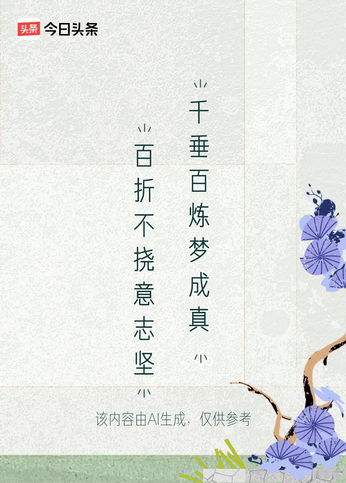 微头条
上联：百折不挠意志坚
下联：千垂百炼梦成真
上联《百折不挠》指虽受到很多