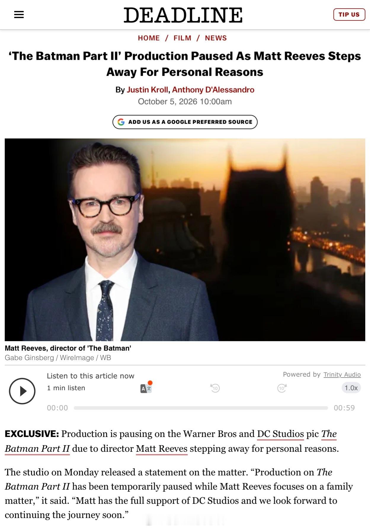 蝙蝠侠2 华纳DC的新电影《蝙蝠侠2》的制作因导演Matt Reeves的个人家
