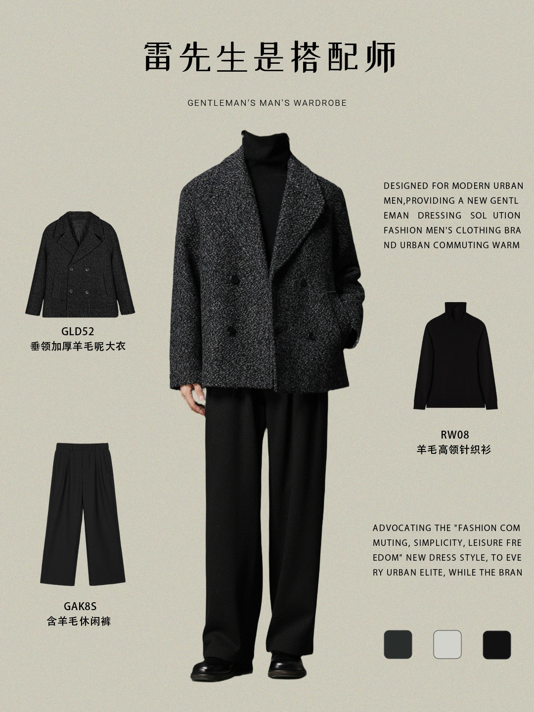 3套秋冬男士商务休闲羊毛夹克穿搭范本