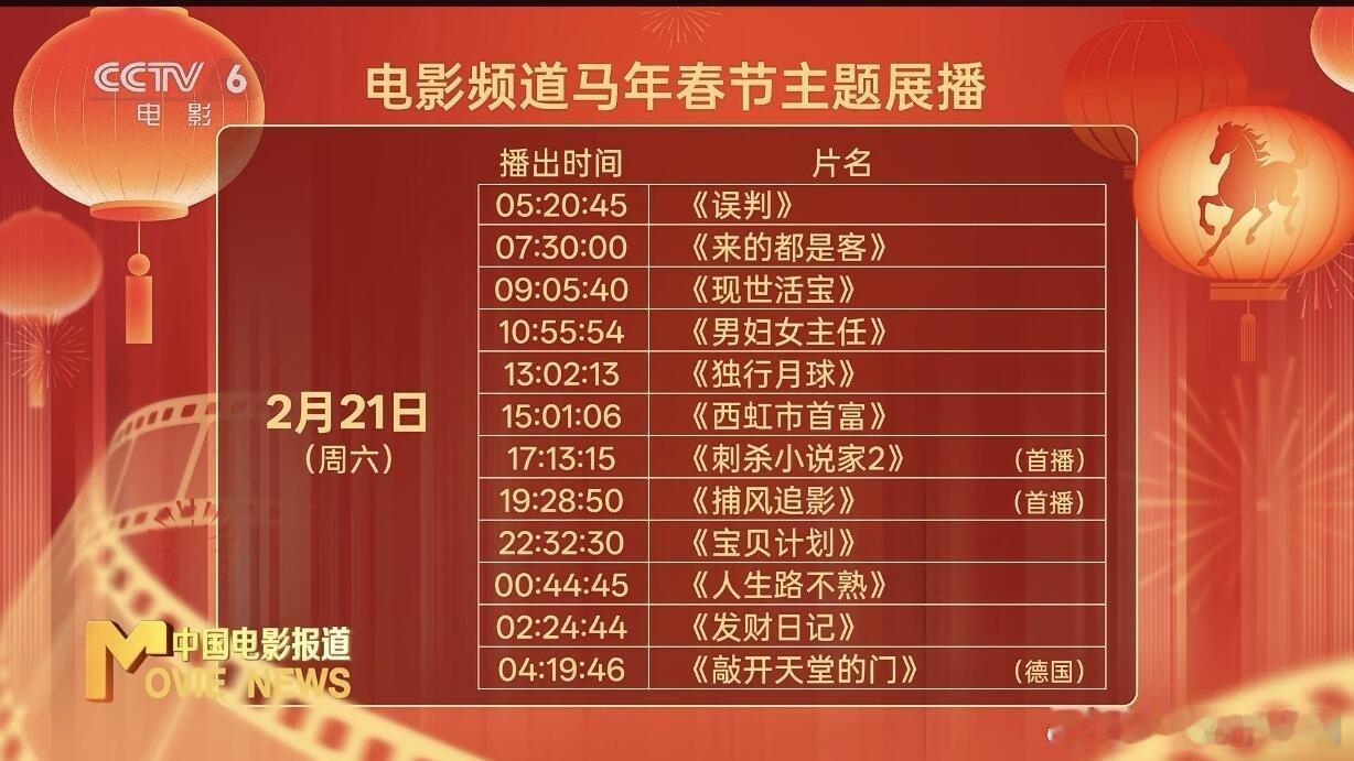 电影频道马年春节主题展播片单（截图自留）16-22日除夕到初六，电影展播。首播、