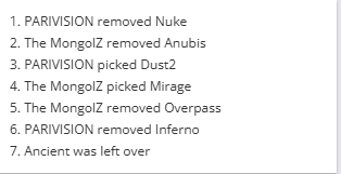 PGL布加勒斯特TMLZ对阵PV地图BP：Dust2 Mirage Ancient