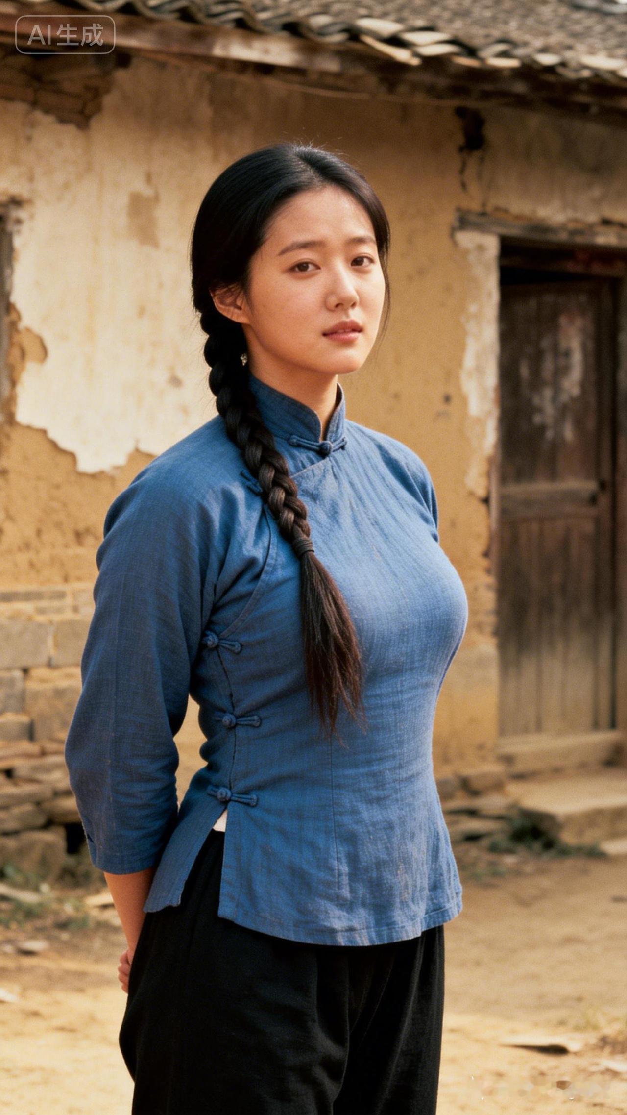 古风少女，青丝辫，蓝衣飘飘，静立古巷。