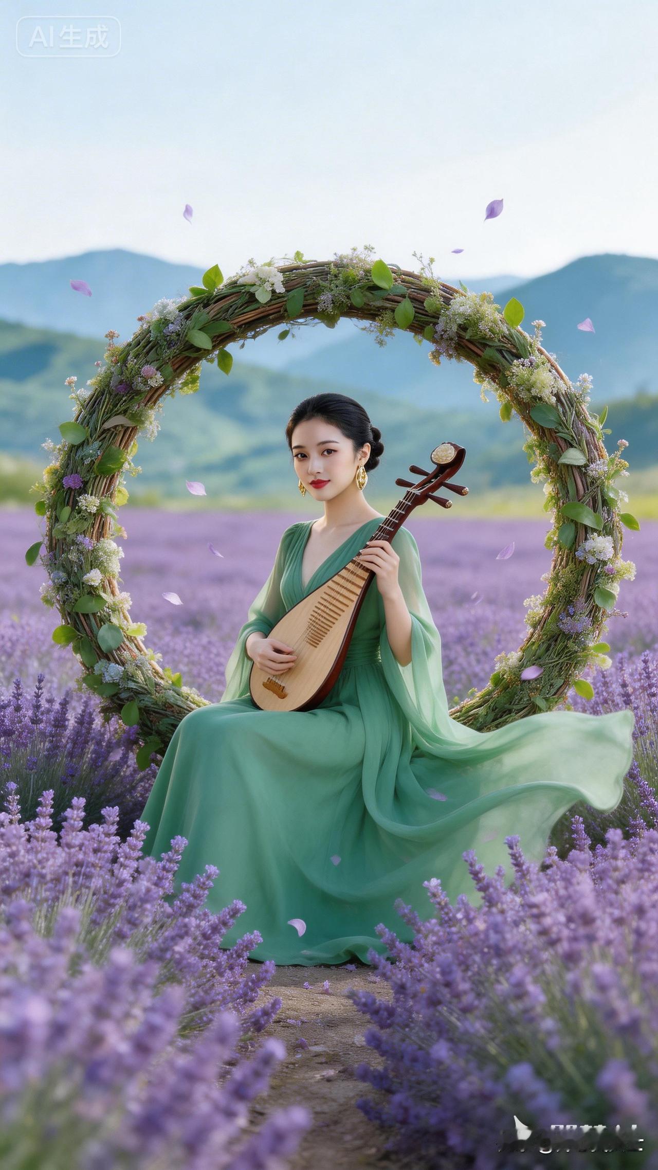 绿衣美人抚琴坐，花海芳菲入画来。