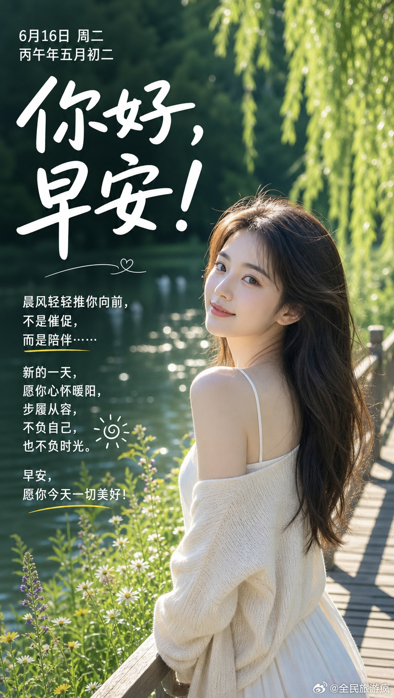 6月16日 周二丙午年五月初二你好，早安！晨风轻轻推你向前，不是催促，而是陪伴…