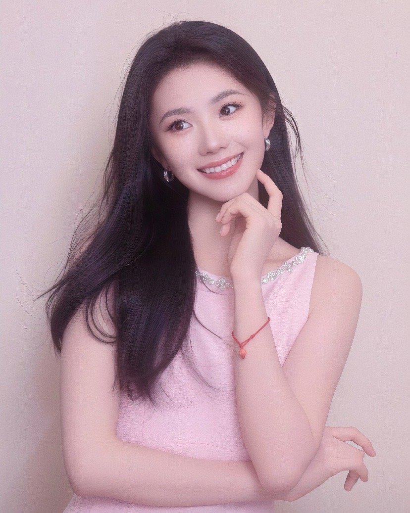 刘浩存 浅粉纱裙缀着细碎的光，黑长卷发如墨般垂落，腕间那一抹红绳轻系，笑意漫过眉