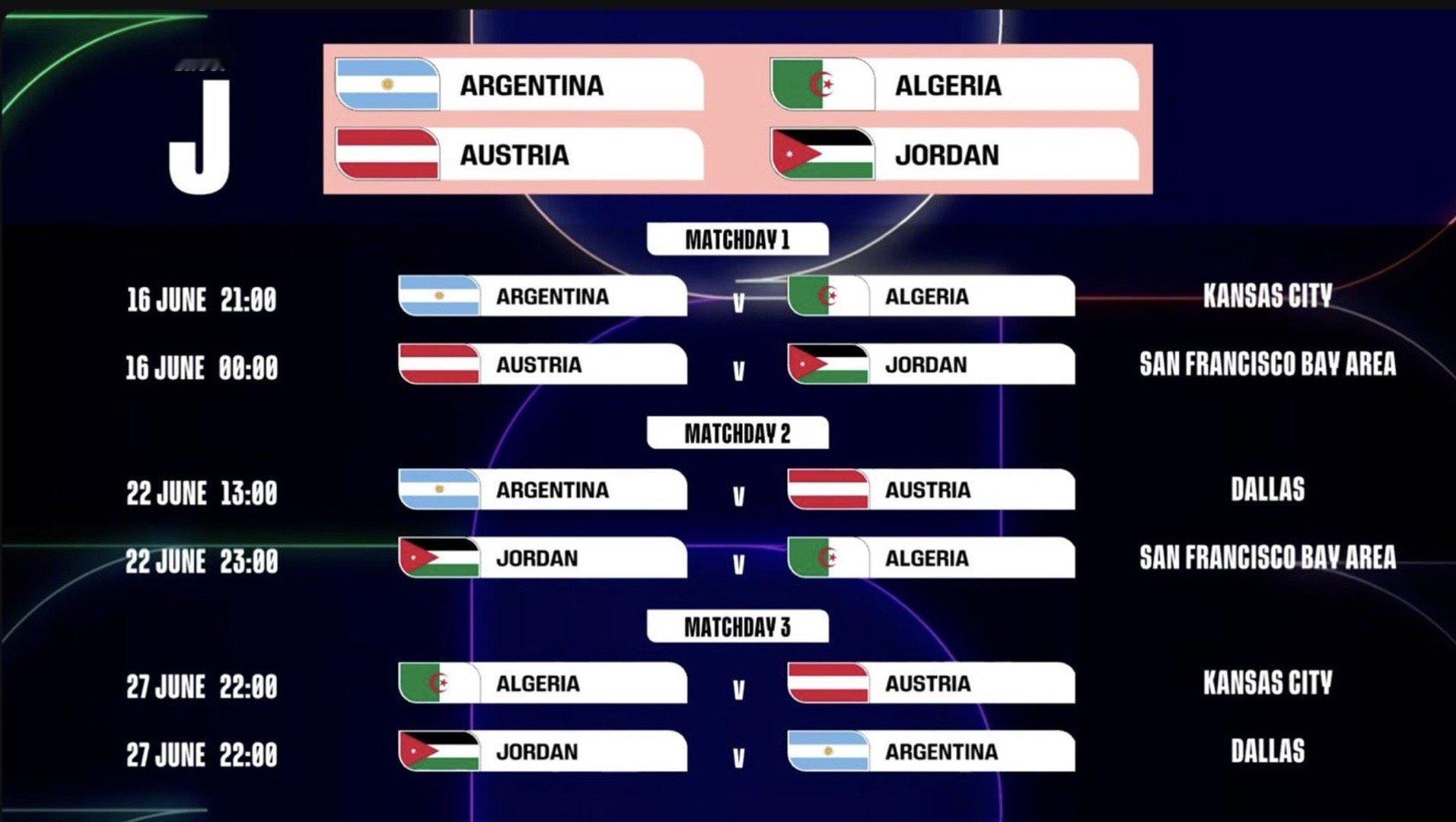 2026世界杯阿根廷小组赛赛程表（北京时间）第一轮｜阿根廷vs阿尔及利亚📅20