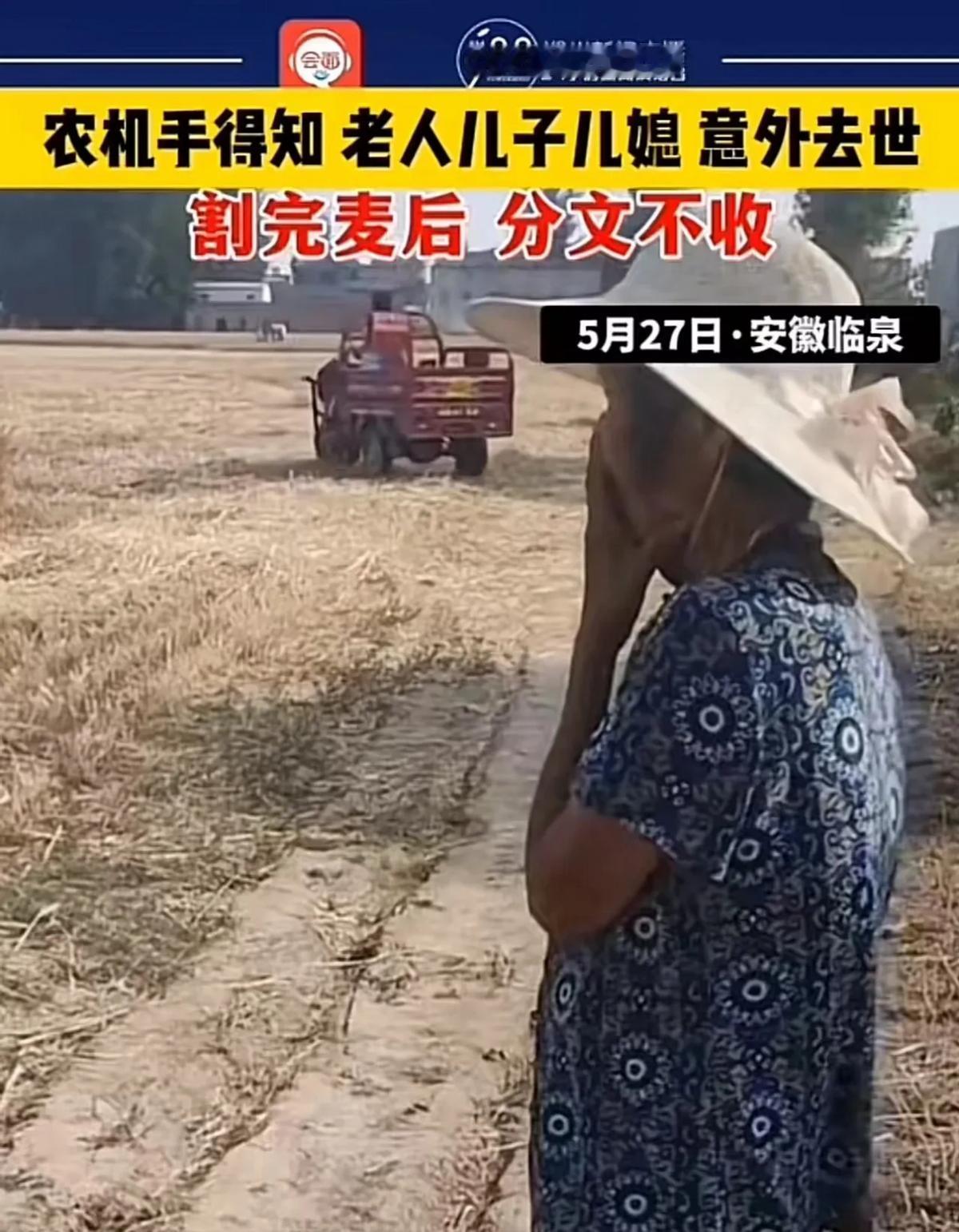 “眼泪止不住了！”安徽，美女农机手给85岁老人割麦时，得知老人的儿子儿媳全部离世