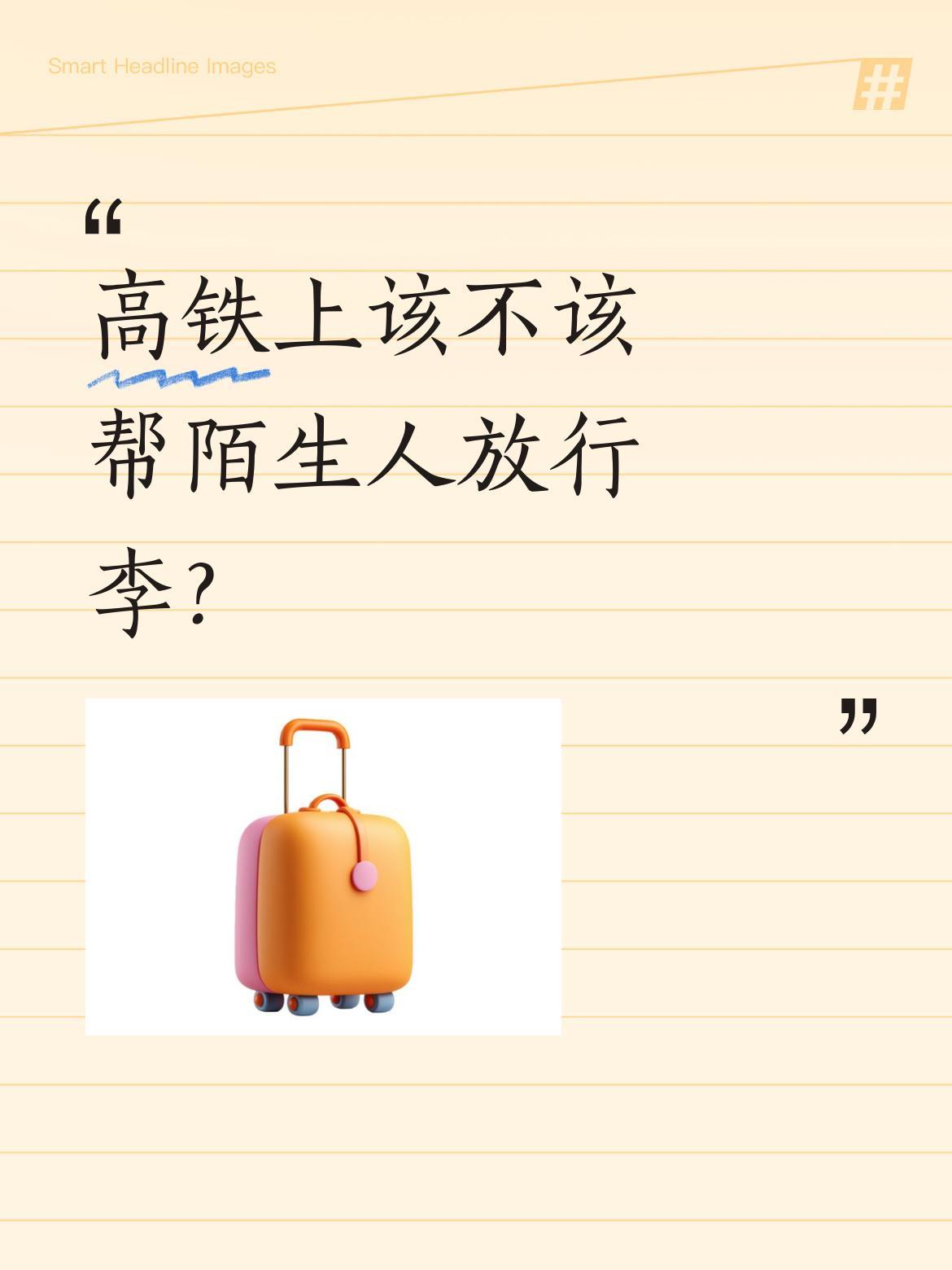 高铁上该不该帮陌生人放行李？
网友拍到有趣一幕：女生把行李箱全放地上，男网友调侃