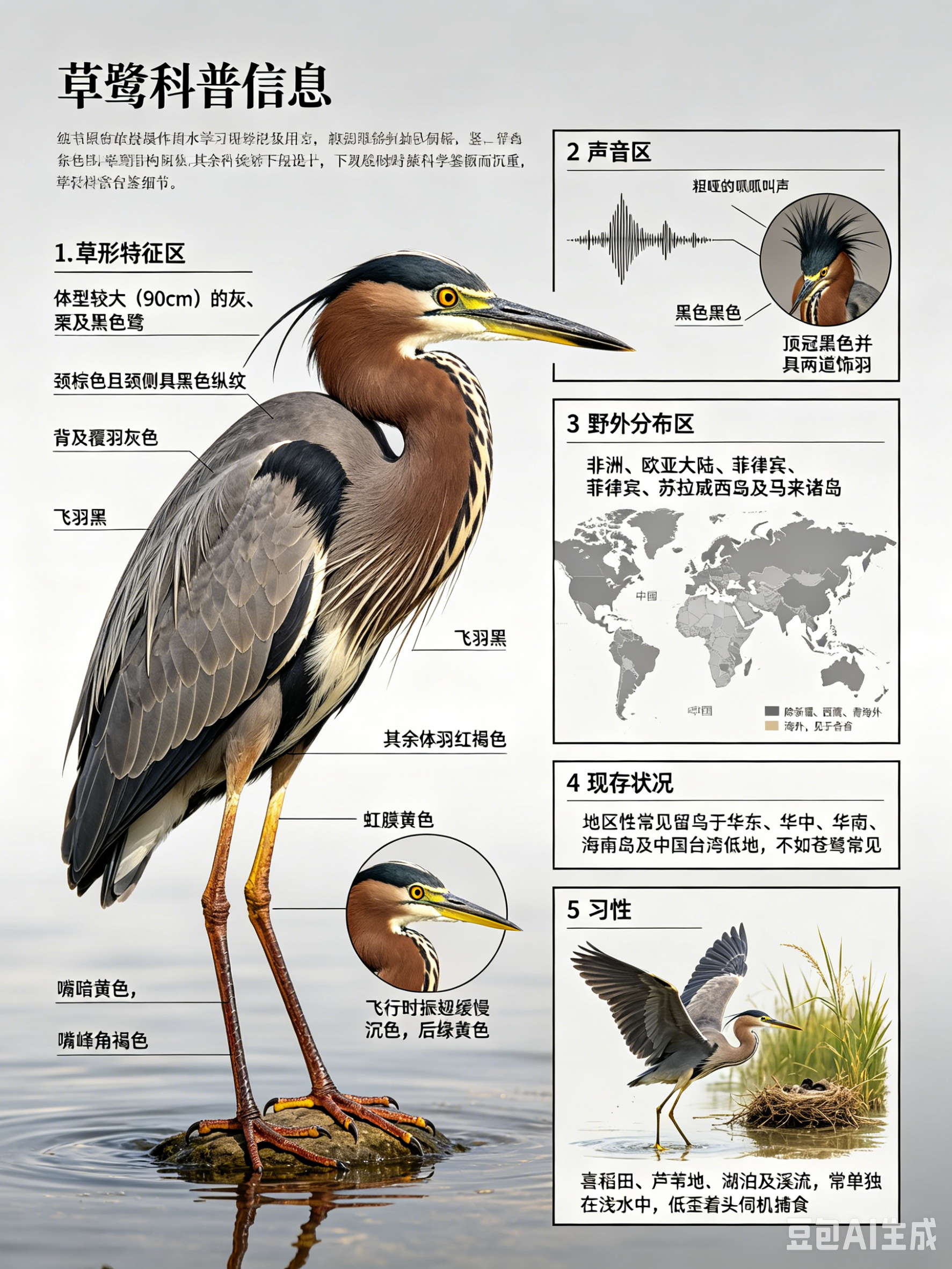 鸟类朋友图鉴 草鹭·科属：鹳形目，鹭科。·外形特征：体型较大（90cm）的灰、栗