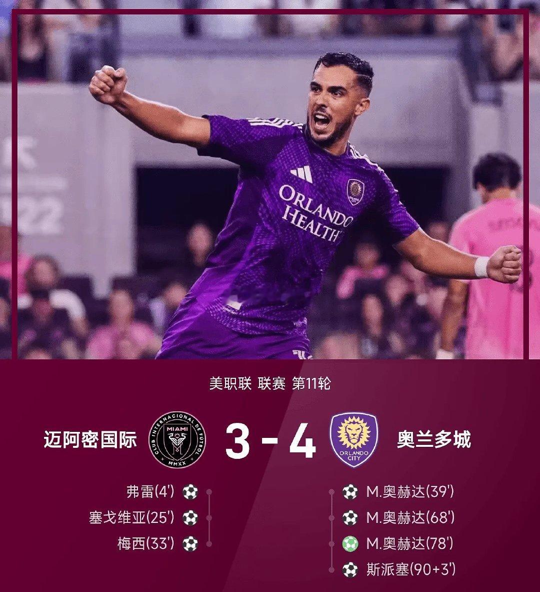 美职联战报：M•奥赫达戴帽，奥兰多城4-3逆转迈阿密国际05月03日讯 26赛季