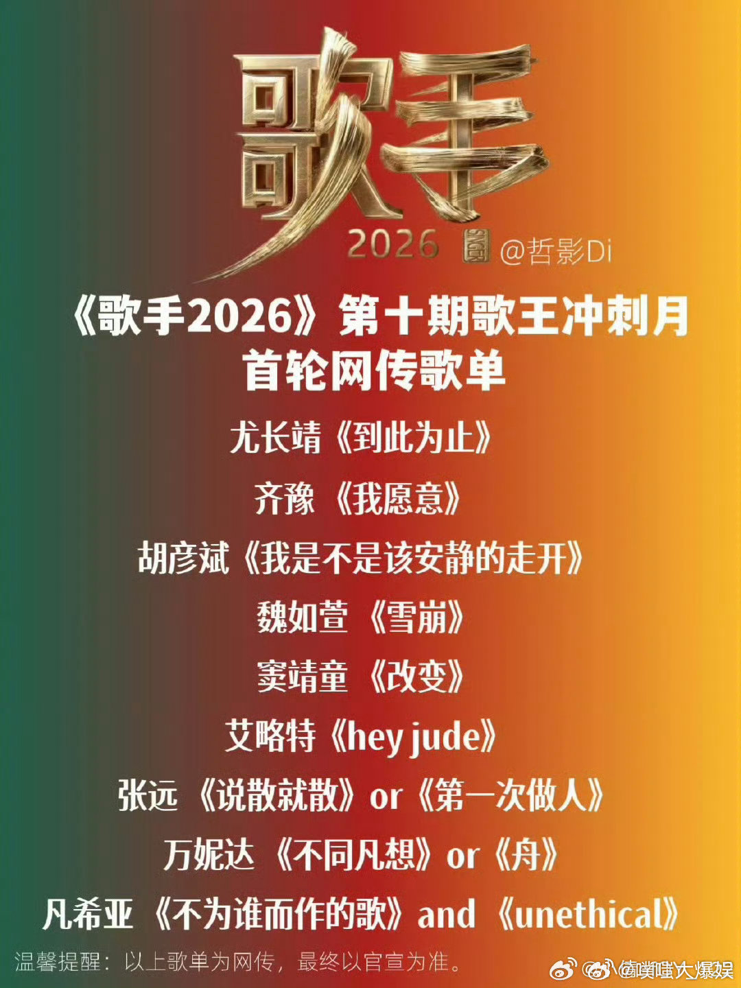 歌手2026第十期歌单 魏如萱歌手唱雪崩 艾略特歌手唱heyjude 冲刺赛全员