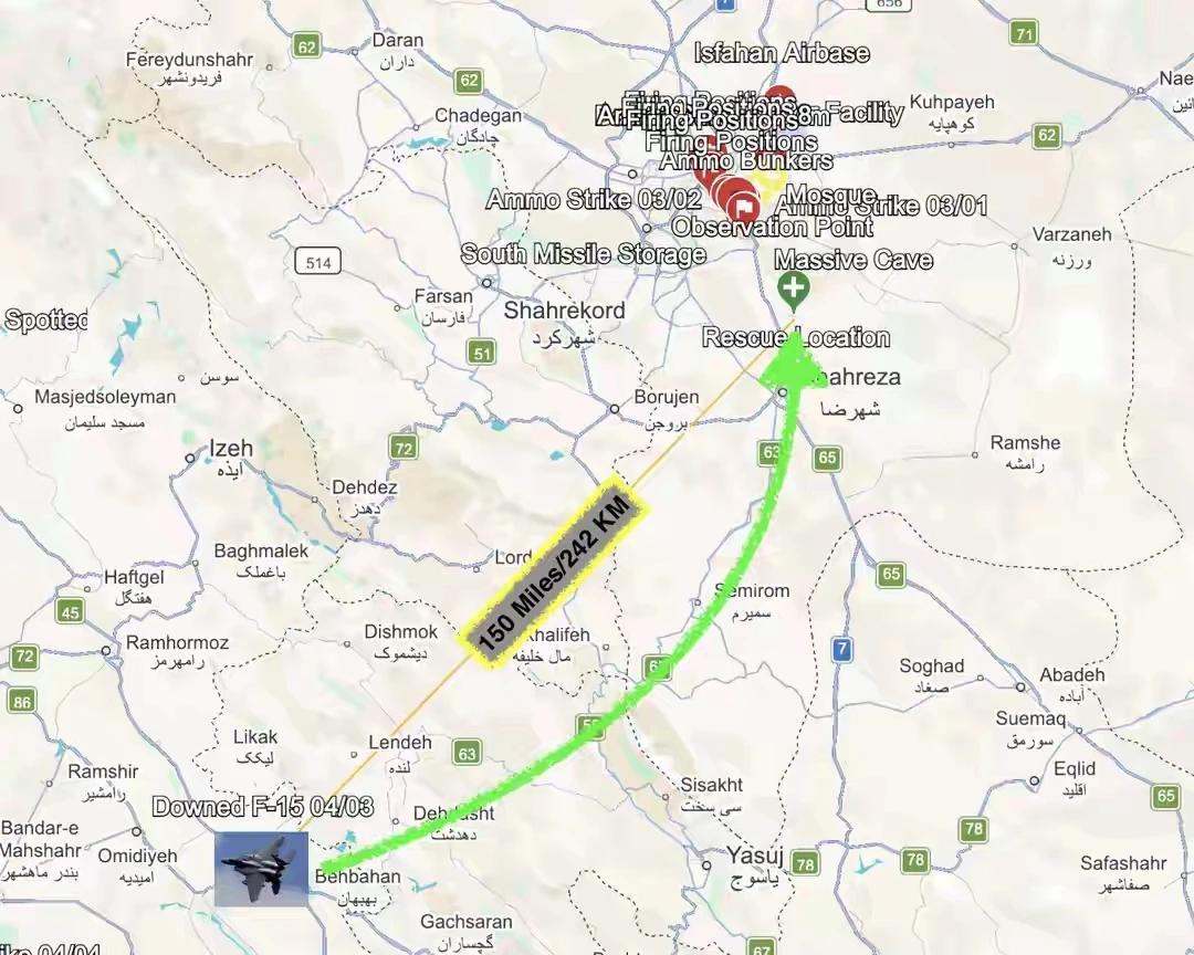 大力神机降地点距离伊朗伊斯法罕核设施很近，但距离飞行员隐蔽地点242km！这个新