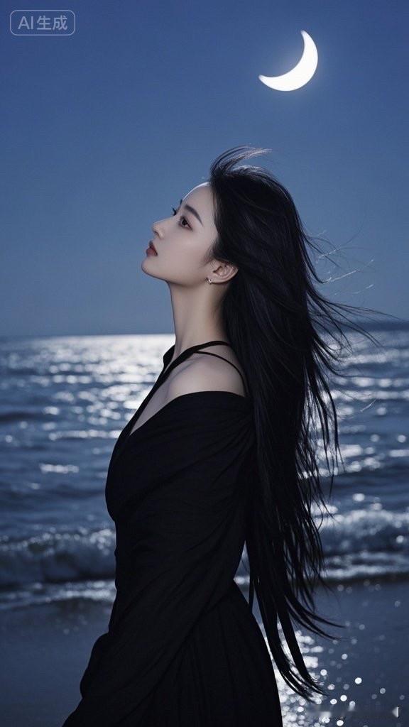 黄昏海边，黑裙少女，静谧时光，唯美瞬间