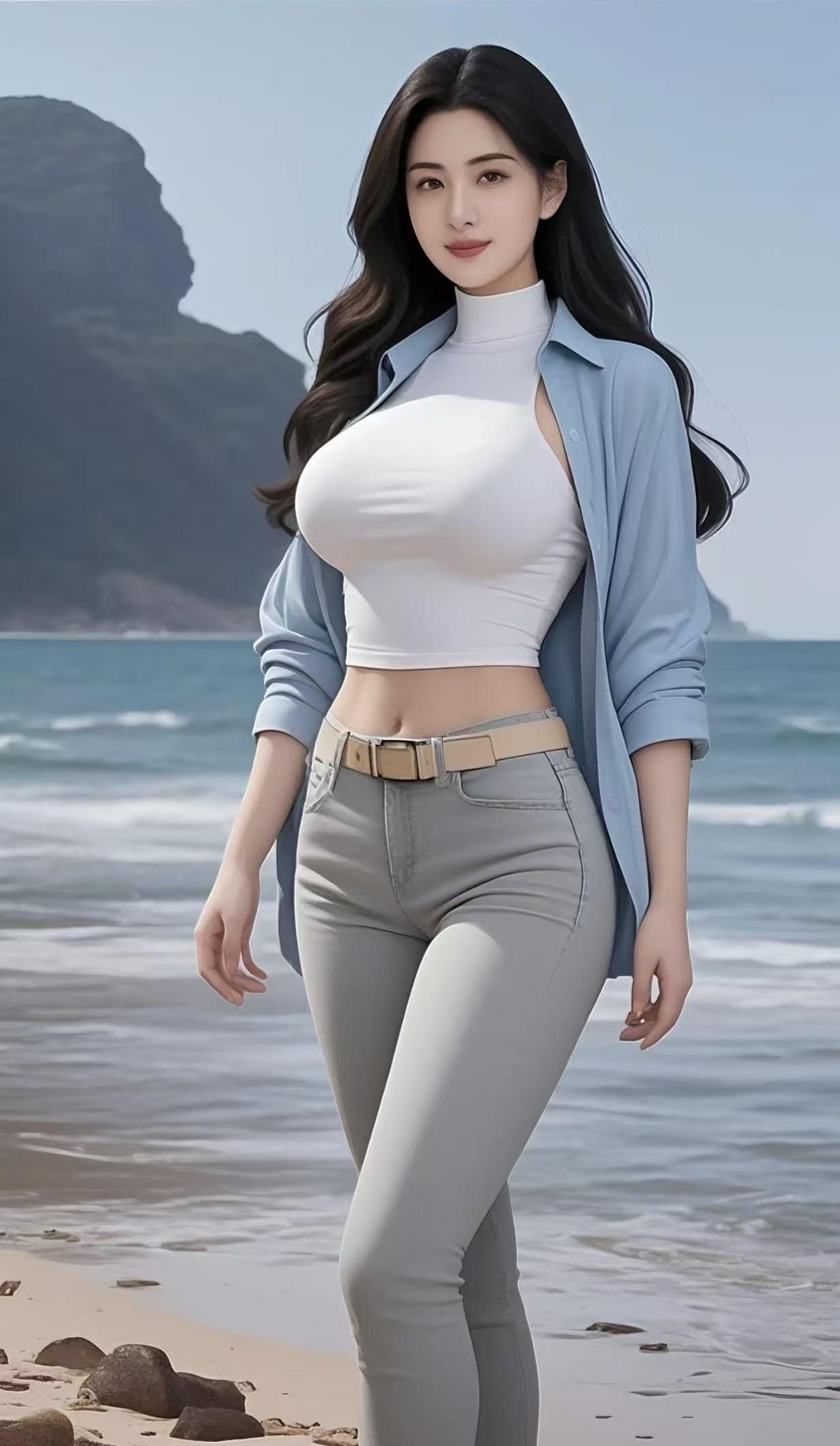 海畔风吟，自在佳人

海风轻拂，佳人立于沙滩。浅蓝衬衫随风微扬，内搭白色高领衫，