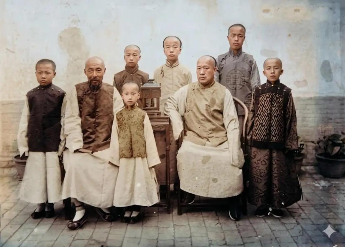 清末年间，肃亲王隆懃与长子善耆及几位孙儿的合影，肃亲王是清朝“铁帽子王”之一，最