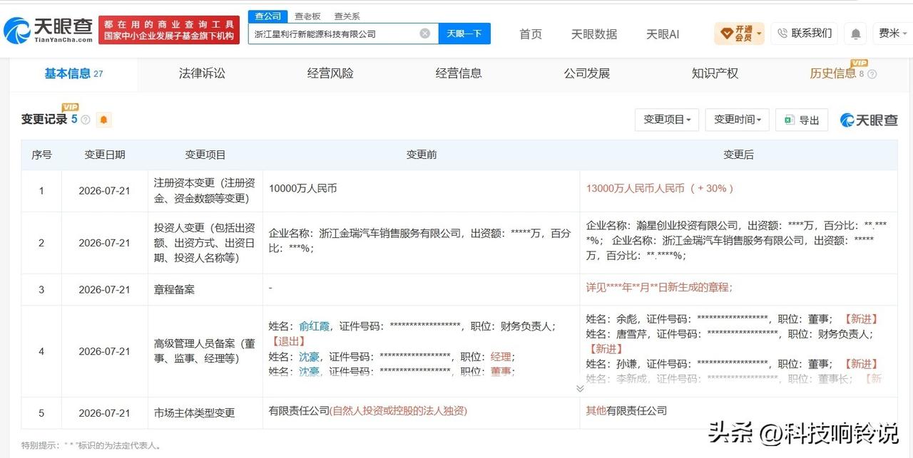 【小米旗下瀚星创投入股星利行新能源科技公司】
天眼查App显示，近日，浙江星利行