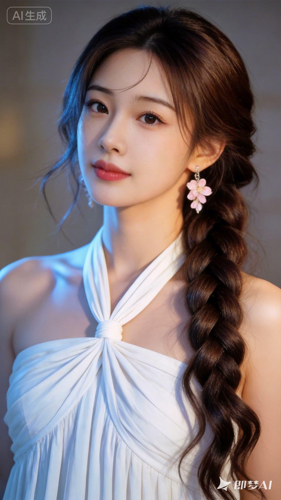 温柔少女风，粉色花朵耳环，优雅白裙，甜美笑容，梦幻氛围。
