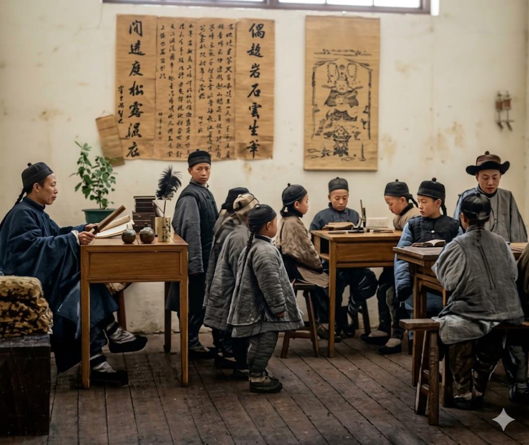 晚清私塾，塾师端坐执卷，学童们或伏案习字、或轮次上前听讲，没有统一班级，挨个授课