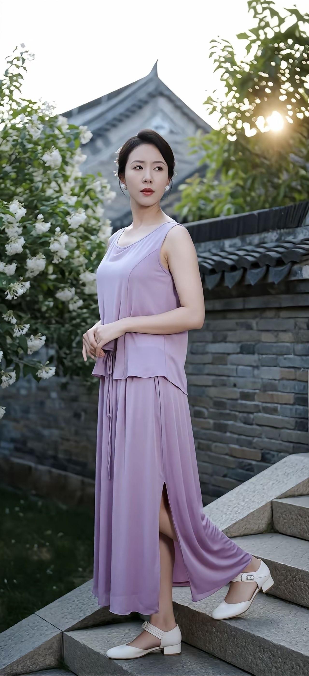 她穿着紫色连衣裙，站在台阶上。