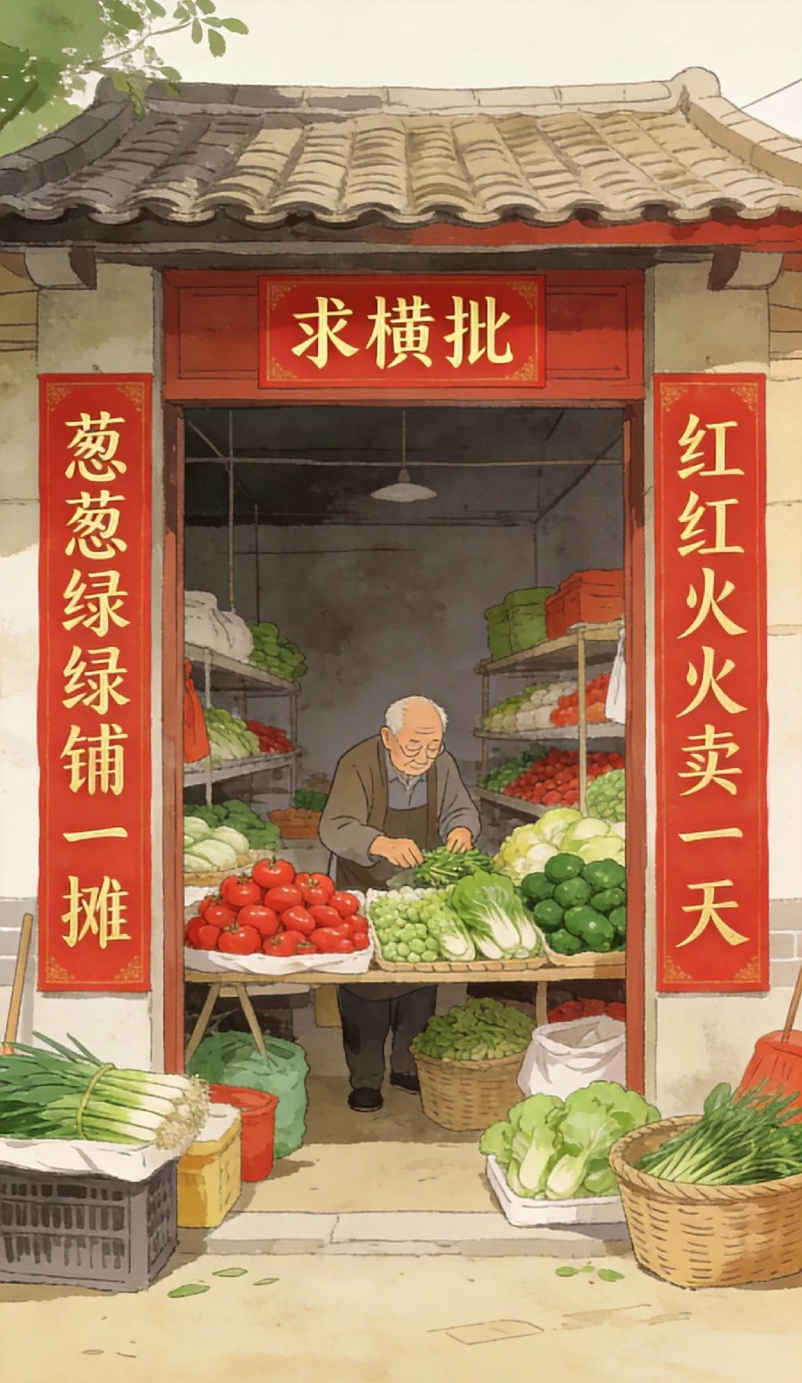 上海一位70岁大爷开一家卖菜店，门口贴出一副对联横批空悬着，每天路过的人都没人能