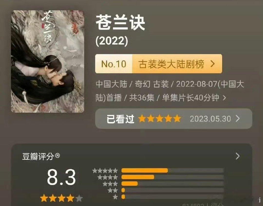 虞书欣 王鹤棣苍兰诀豆瓣评分涨到了8.3分，81w人打分，最近几年唯一一部仙侠爆