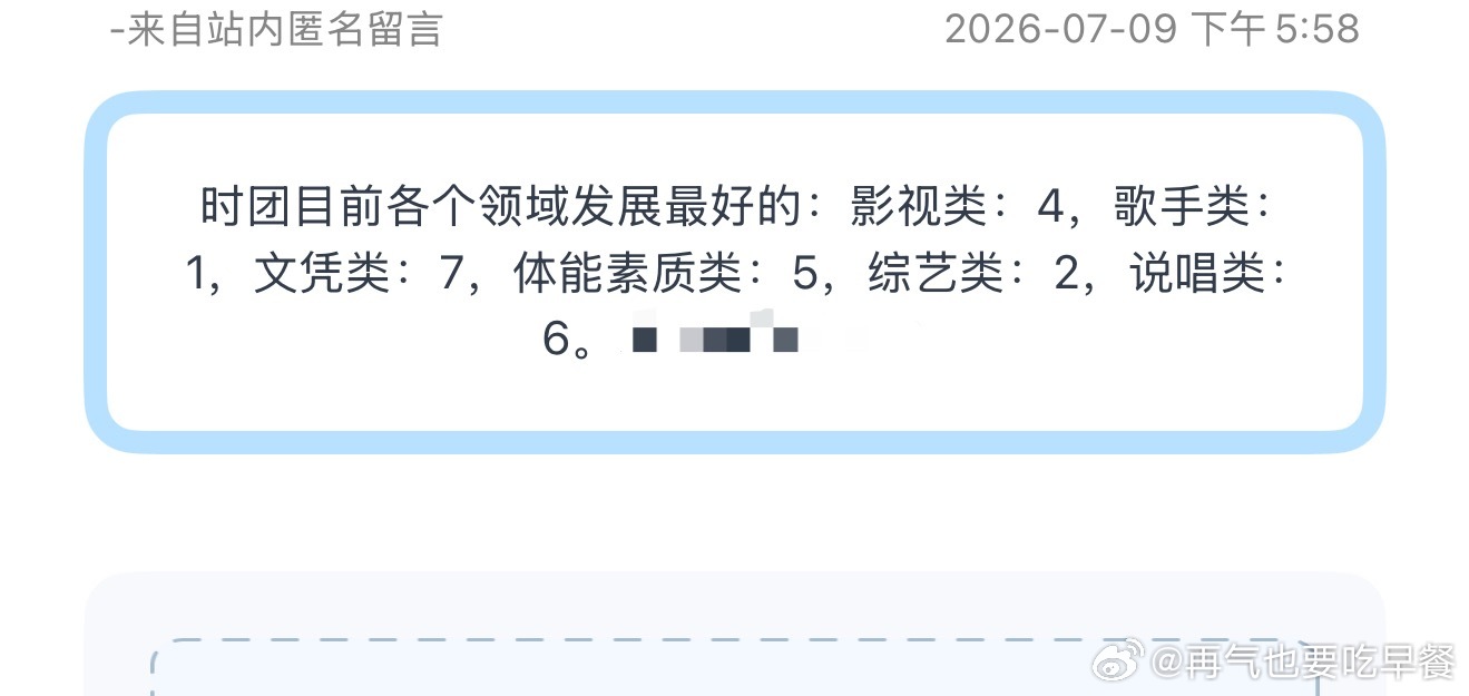 投时团目前各个领域发展最好的：影视类：4，歌手类：1，文凭类：7，体能素质类：5