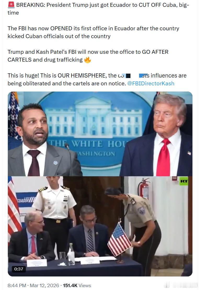 特朗普总统刚刚让厄瓜多尔与古巴大规模切断关系。在厄瓜多尔将古巴官员驱逐出境后，联