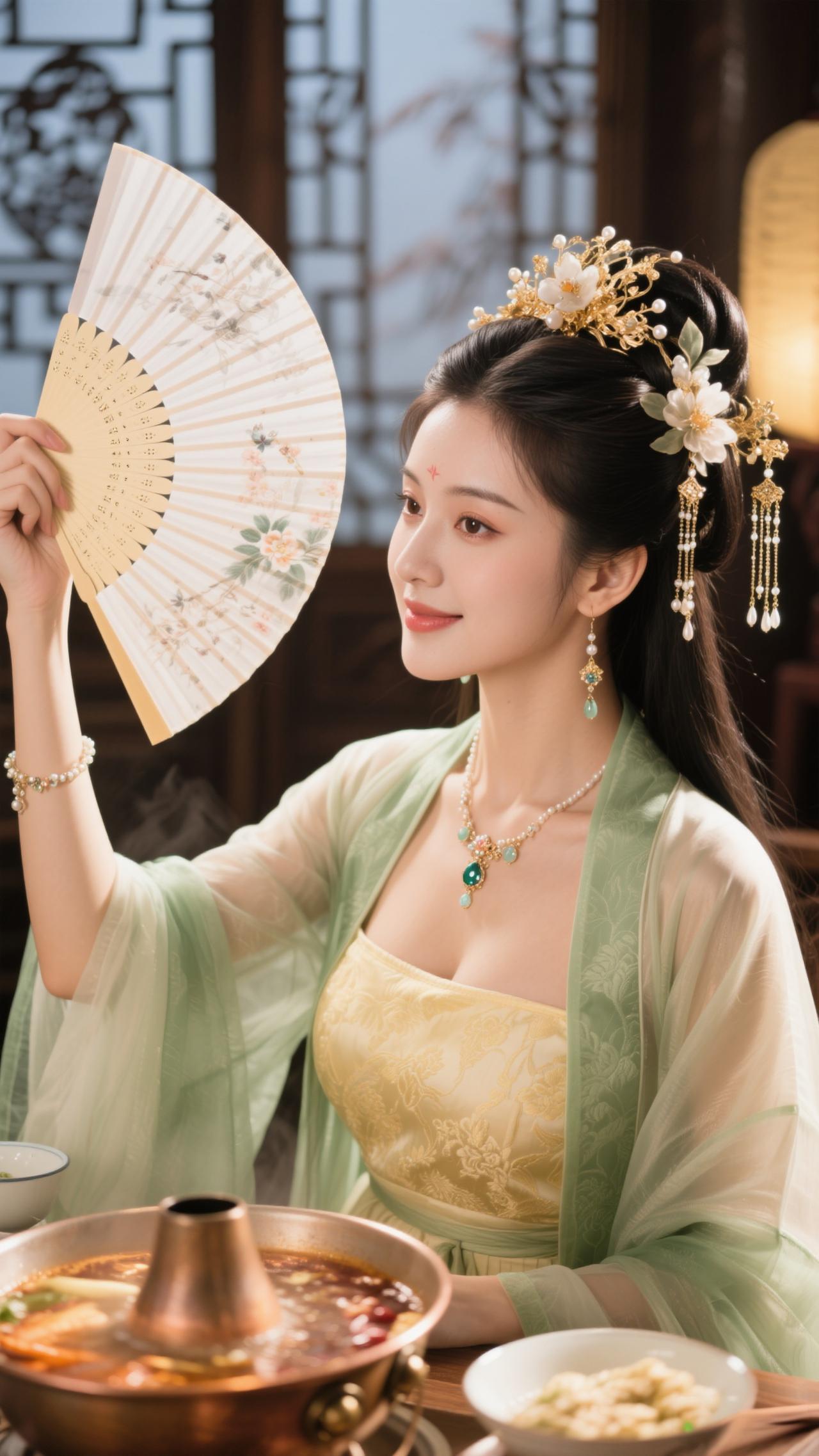 鹧鸪天·暖炉食趣
 
罗袂生香坐暖轩，青绡轻覆玉光绵。金簪暗锁玲珑韵，红锅明承食