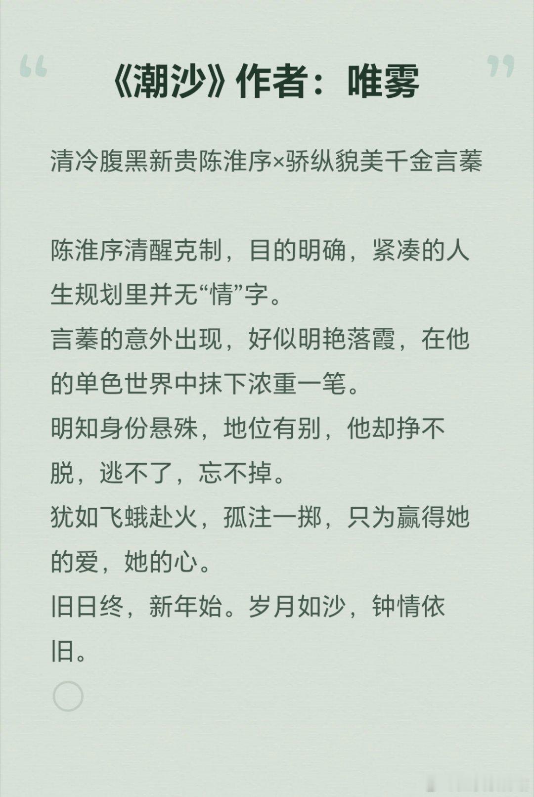 推文 《潮沙》作者：唯雾清冷腹黑新贵陈淮序×骄纵貌美千金言蓁欢喜冤家，男主视角是
